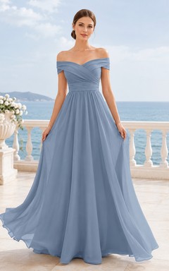 Dusty blue convertible off shoulder chiffon floor length bridesmaid dress