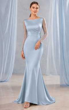 Himmelblaues, bodenlanges Meerjungfrauen-Abendkleid mit Spitzenärmeln, Rundhalsausschnitt und Meerjungfrauenschnitt