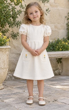 Modest Ivory Knee Length Yellow Daisy Embroidered Patch Pocket Puff Sleeve Flower Girl Dress