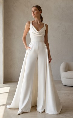 Combinaison-pantalon plissée en satin à col bénitier sans manches et jambes larges, robe de mariée