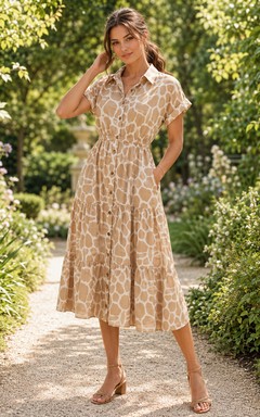 Light Giraffe Print Button Front Shirt A-Line Midi Dress