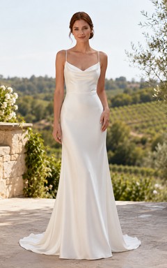 Vestido de novia de tul y encaje playero, corte en A, escote en V, sin mangas, cola larga, espalda baja en V.
