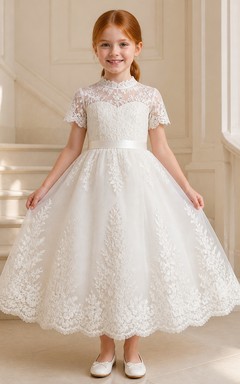 Modest Flower Girl Tea-length A-Line High Neck Lace Dress