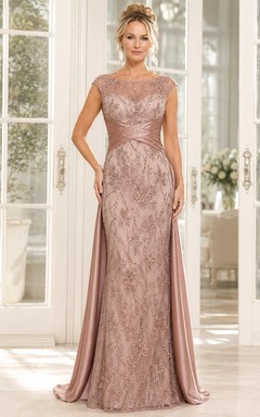 Vestido de madre ajustado de encaje con lentejuelas color malva y paneles laterales