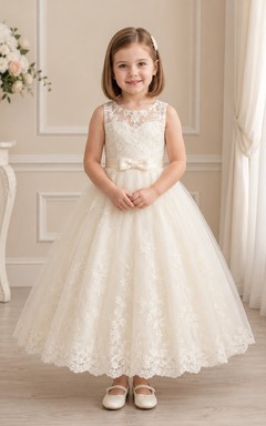 Flower Girl Dress Champagne Lace Tulle A-Line Jewel Neck Tea Length