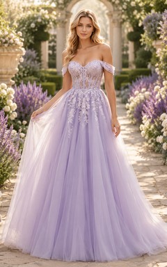 Lavendelfarbenes schulterfreies Ballkleid aus floralem Tüll für Hochzeiten