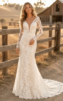 Vestido de novia de tul y encaje campestre, estilo sirena, con escote en V, manga larga, cola de corte y espalda baja en V.