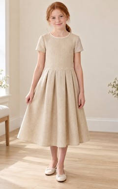 Simple Modest Sand Tea-length Dropped Waist Short Sleeve Broad Pleated Flower Girl Dress