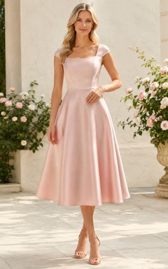 Vestido de cóctel rosa palo con escote Bardot y largo midi