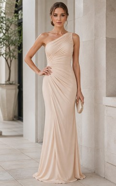 Blush One-Shoulder Draped Ruched Satin Sheath Floor-Length Evening Dress