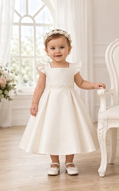 Baby Baptism Christening Ceremony Dress A-Line Tea-Length Square Neck Flutter Sleeve Satin Button Back