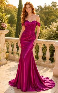 Evening Gown Fuchsia Satin Mermaid Off Shoulder Short Sleeve Ruched Floor Length