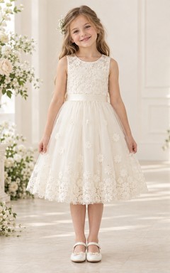 Tea-length Ivory Daisy Scoop Sleeveless A-Line Gathered Tulle Floral Border Satin Waist Zipper Flowergirl Dress