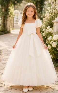 Bow Back Tulle A-Line Flower Girl Dress with Jewel Neck and Tea-Length Skirt