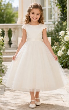 Klassisches A-Linien-Kleid aus Tüll für Blumenmädchen mit Rundhalsausschnitt, wadenlangem Rock und Schleifendetail