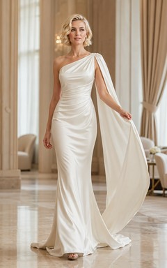 Robe de mariée élégante en satin à une épaule, style fourreau, avec traîne.