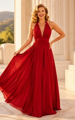 Élégante robe de soirée rouge dos nu plissée en mousseline de soie trapèze longue jusqu'au sol