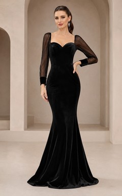 Robe de soirée sirène en velours noir sexy à manches longues illusion et décolleté cœur