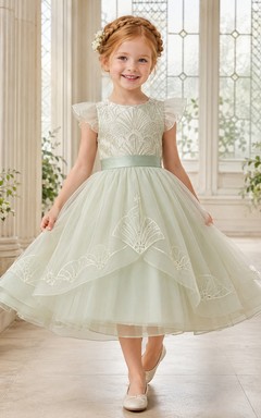 Celadon Flower Girl Dress with Beaded Petal Sleeves, Tea-Length Ball Gown Skirt, Fan Embroidered Tulle and Satin Back Bow