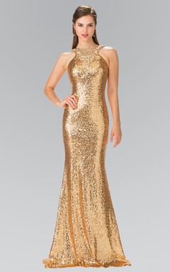 Sheath Floor-Length Jewel-Neck Sleeveless Sequins Dress