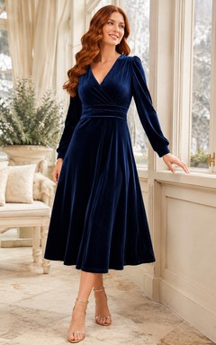 Navy V Neck Long Sleeve Wrap Velvet Winter Dress