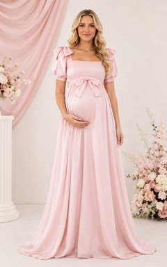 Rosa Umstandskleid aus Satin mit eckigem Ausschnitt, Puffärmeln, Schleife, A-Linie und Schleppe