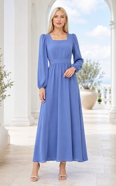 Modest Ocean Blue Square Neck Long Sleeve Chiffon Empire Floor-Length A-Line Dress