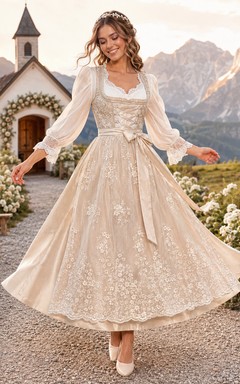 Robe de mariée alpine champagne Dirndl à col carré et manches longues en dentelle pour un mariage de style thé
