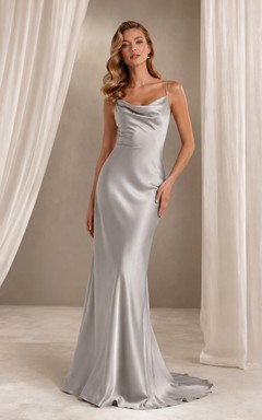 Robe de mariée sirène de luxe en satin gris tourterelle à une épaule et col bénitier