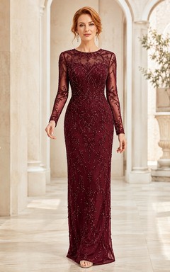 Burgundy Beaded Lace Jewel Neck Long Sleeve Sheath Floor Length Formal Evening Dress