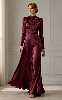 Burgundy High Neck Long Sleeve Draped Velvet Sheath Evening Floor-Length Dress
