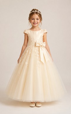 A-line Floor Length Cap Sleeve Tulle Lace Flower Girl Dress with Champagne cap sleeves and floral tulle skirt