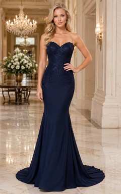 Dark Navy Sweetheart Lace Illusion Back Mermaid Gown