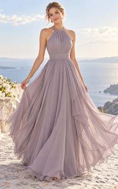 Ethereal Lavender Halter High Neck Ruffled Chiffon Long Bridesmaid Dress