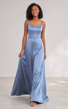 Himmelblaues Brautjungfernkleid im A-Linien-Stil mit Spaghettiträgern, ärmellos, aus Satin mit Raffungen, elegant und modern