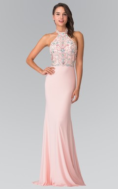Sheath High Neck Sleeveless Jersey Backless Dress With Beading