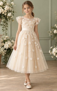 Tea-length Champagne Daisy Floral Flutter Sleeve Tulle A-line Flower Girl Dress