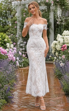Off shoulder lace mermaid tea length bridal dress
