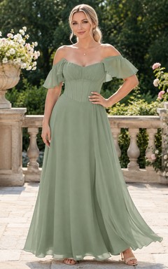 Robe de soirée romantique longue en mousseline de soie sauge, plissée, à épaules dénudées et épaules dénudées