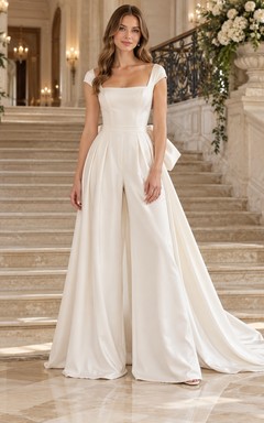 Square Neck Cap Sleeve Pleated Satin Bow Train Bridal Jumpsuit