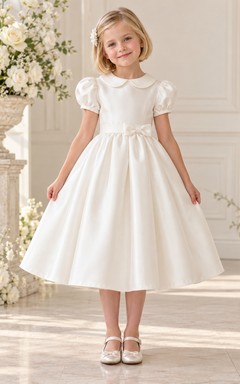 Ivory Peter Pan Collar Puff Sleeve Tea-length Flower Girl Dress