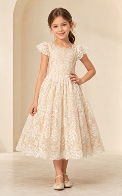 Robe de demoiselle d'honneur élégante, coupe trapèze, en tulle et dentelle florale, col carré, manches pétales, longueur thé