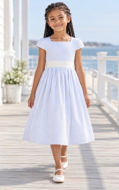Modest Square Neck Blue White Striped Tea-length Cap Sleeve Broad Sash Flower Girl Dress
