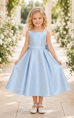 Robe de demoiselle d'honneur bleu ciel en satin, coupe trapèze, sans manches, avec nœud et jupe plissée.