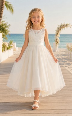 Flower Girl Dress Ivory Lace Tulle A-Line Short Sleeve Scoop Neck Tea Length Bow Back