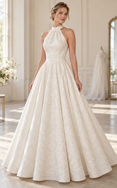 Vestido de novia romántico largo, sin mangas, con cuello alto, escote halter, estampado floral y corte en A.