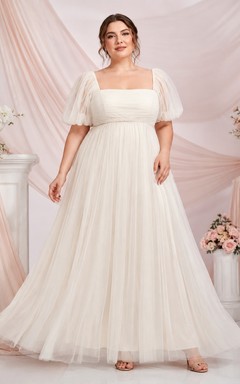 Plus Size Square Neck Puff Sleeve Tulle Wedding Dress