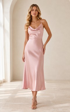 Brautjungfernkleid aus rosafarbenem Satin mit Wasserfallausschnitt, Spaghettiträgern und Teelänge