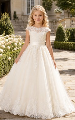 A-Line Flowergirl Lace Tulle Floor-Length Cap Sleeve Classic Garden Wedding Gown with Scalloped Hem