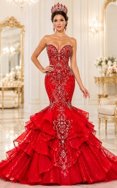 Luxuriöses rotes Karnevalsköniginnen-Meerjungfrauenkleid, bodenlang, trägerlos, perlenbesetzt